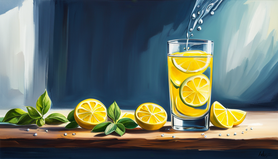 An image showcasing a vibrant yellow lemon being squeezed, with droplets of lemon essential oil cascading into a glass filled with water