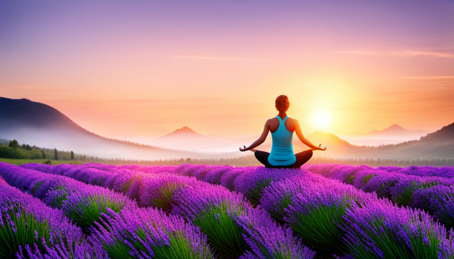 An image showcasing a serene sunrise over a misty mountain range, with a woman practicing yoga in a tranquil field of lavender