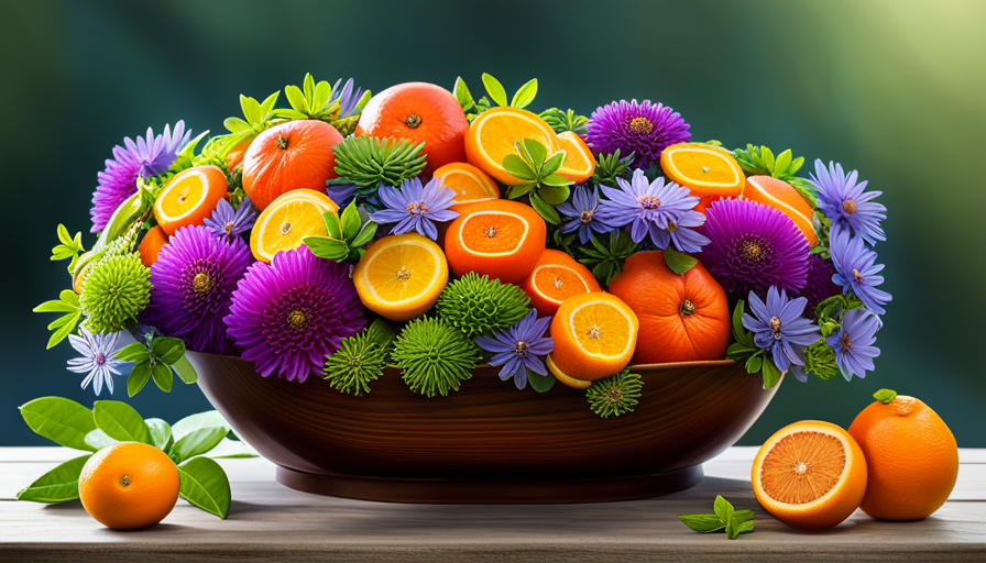 An image showcasing a vibrant bouquet of fresh citrus fruits, exotic flowers, and aromatic herbs, beautifully arranged in a rustic wooden bowl