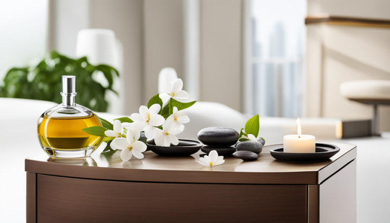 An image showcasing the serene scene of an aromatic spa, featuring a diffuser gently releasing the enchanting fragrance of Balance essential oil