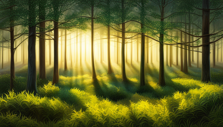 An image depicting a serene forest scene with rays of sunlight filtering through the dense canopy of balsam fir trees