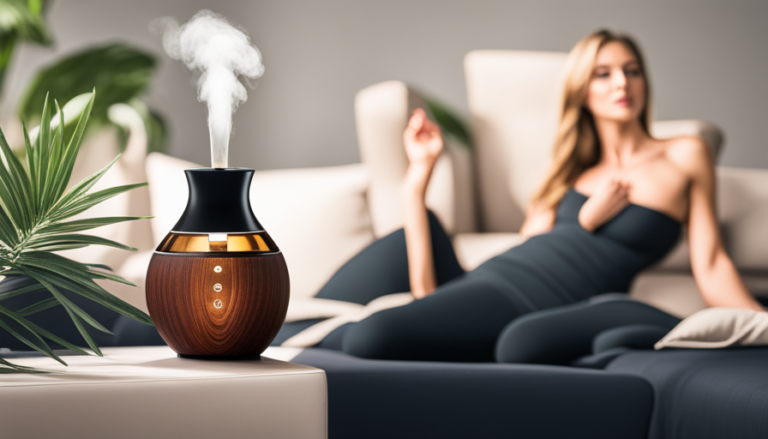 An image showcasing the versatility of Breathe Essential Oil: a serene scene with a woman inhaling the calming aroma, surrounded by a misty forest, as the oil diffuser releases soothing vapors into the air