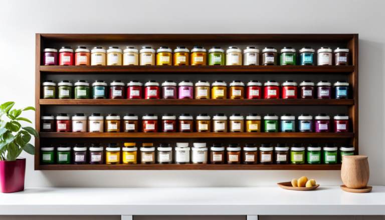 An image showcasing a beautifully organized wooden shelf filled with labeled glass jars, each containing a variety of vividly colored essential oils