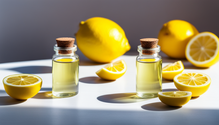  the essence of DIY Lemon Essential Oil as sunlight filters through a glass jar filled with freshly sliced lemons, their vibrant yellow rinds releasing fragrant oils into a pool of glistening liquid