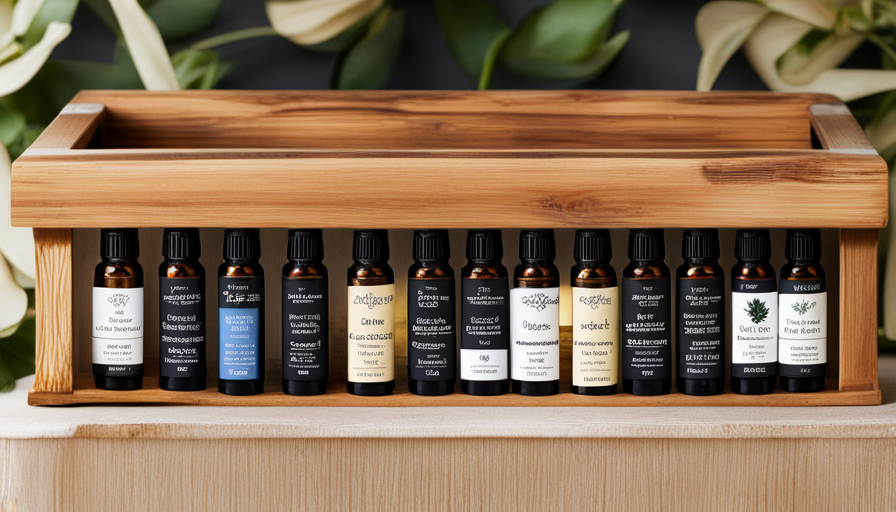 An image showcasing a rustic wooden shelf adorned with various essential oil bottles, including notes of invigorating cedarwood, zesty bergamot, and calming lavender, inviting men to explore the world of essential oil blends