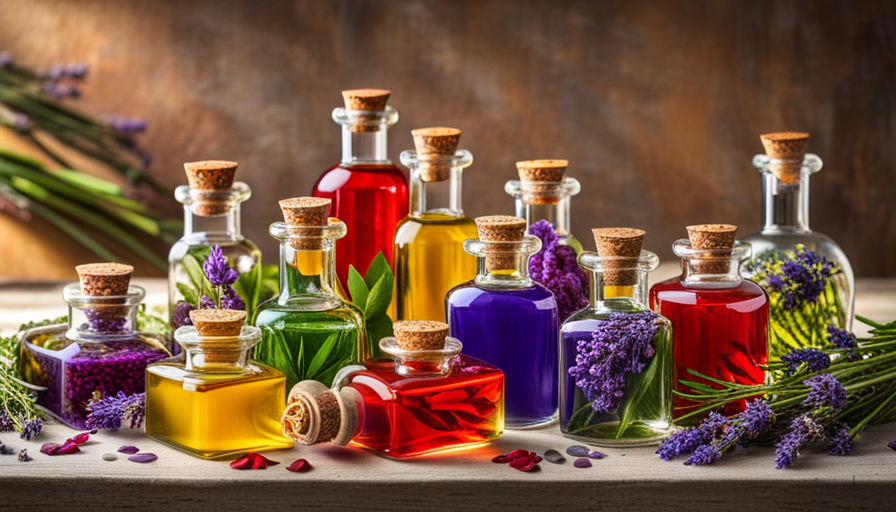 An image showcasing an array of colorful glass bottles filled with aromatic essential oil blends, accompanied by various botanical ingredients such as dried lavender, rose petals, and citrus slices, all ready to be used in soap making