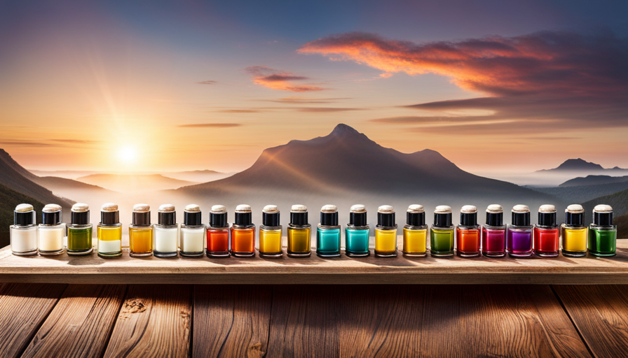 An image showcasing a collection of elegant, slender essential oil inhalers lined up on a rustic wooden table