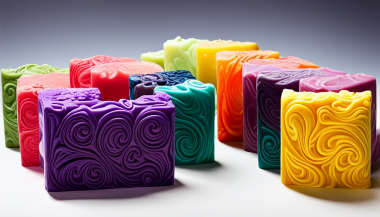 An image showcasing an assortment of vibrantly colored, handcrafted soap bars with intricate swirls and patterns