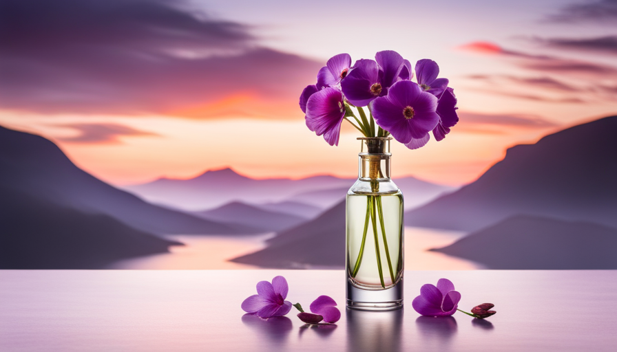 An image showcasing a serene, minimalist glass bottle filled with a vibrant blend of fragrant floral essential oils