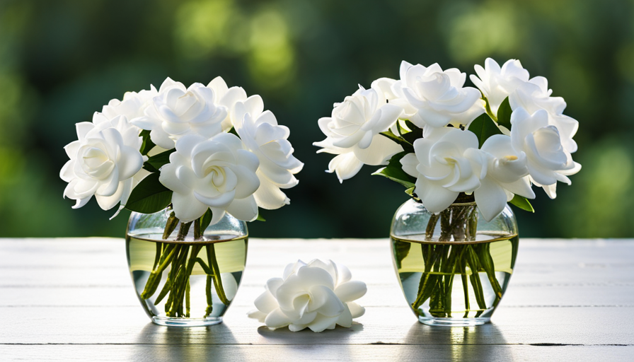 An image showcasing the mesmerizing beauty of blooming gardenias, their delicate white petals radiating pure elegance