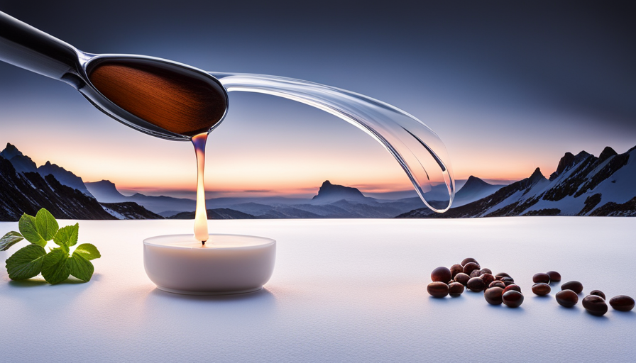 An image showing a glass measuring cup filled with melted soy wax, alongside a small bottle of essential oil with droplets falling into the wax