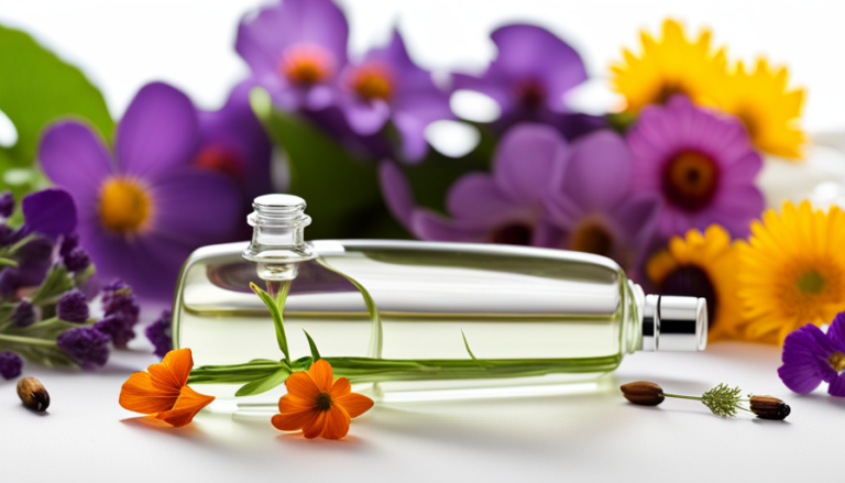 An image showcasing a serene bathroom setting with a glass bottle filled with vibrant, aromatic essential oils