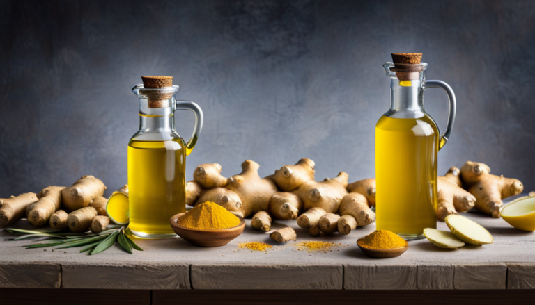 An image that showcases the step-by-step process of making ginger essential oil: a pile of fresh ginger roots being peeled, sliced, dried, and then distilled in a glass flask, with steam rising and golden oil collecting