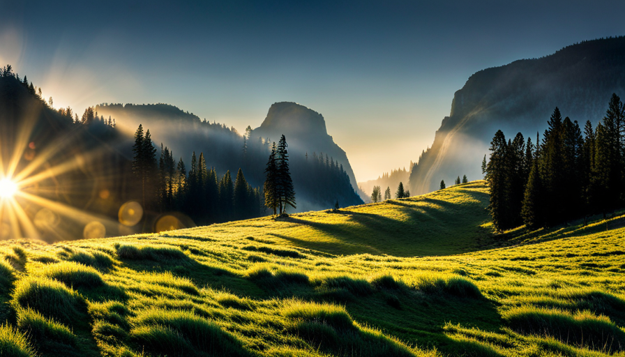 An image capturing the essence of using Raven essential oil: a serene forest at dawn, with mist gently rising amidst towering evergreens