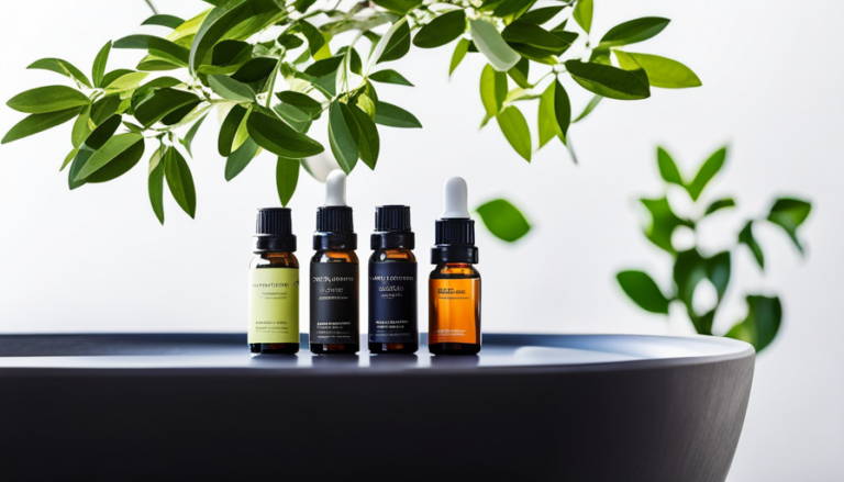 An image showcasing the versatility of Lemon Myrtle essential oil: a serene bathroom with a steamy shower, a diffuser releasing a refreshing citrus scent, a bowl of homemade skincare products, and a vibrant green lemon myrtle tree outside