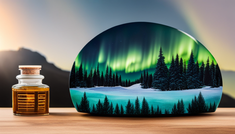 An image showcasing the versatility of Northern Lights Black Spruce Essential Oil: a tranquil forest scene with a cozy cabin nestled among towering spruce trees, bathed in the ethereal glow of the mesmerizing Northern Lights overhead