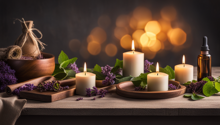 An image showcasing a serene, rustic scene of a wooden table adorned with a tray of homemade patchouli-infused candles, a bowl of dried patchouli leaves, and a beautifully presented bottle of patchouli essential oil