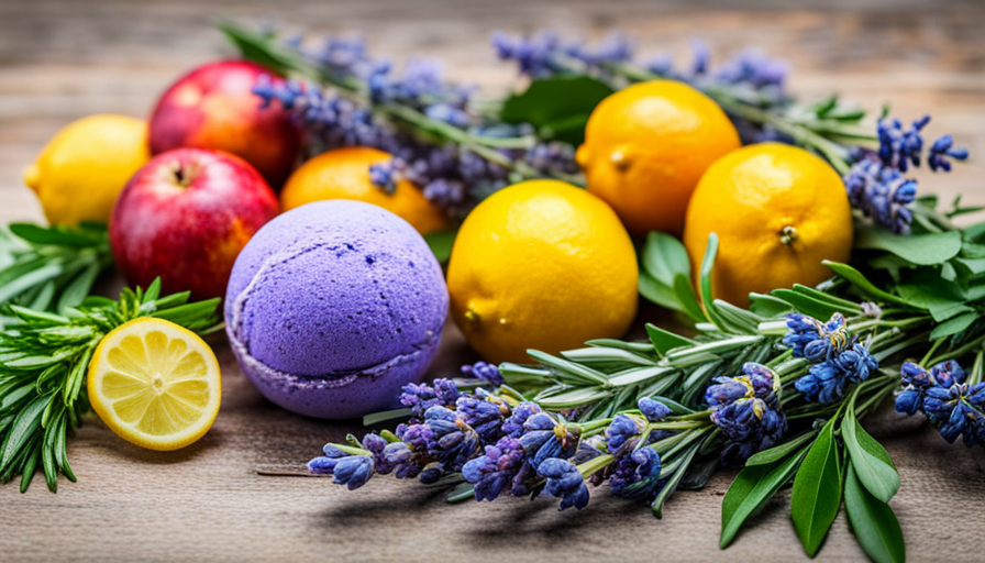 An image showcasing a vibrant assortment of fresh fruits and aromatic herbs, such as lemons, lavender, and rosemary, arranged around a colorful bath bomb