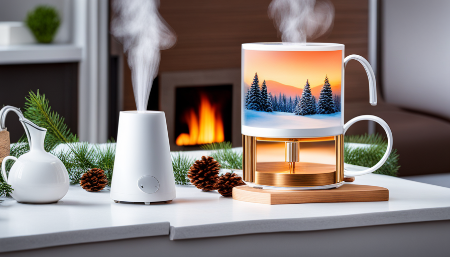 An image showcasing a cozy winter scene with a diffuser releasing aromatic mist